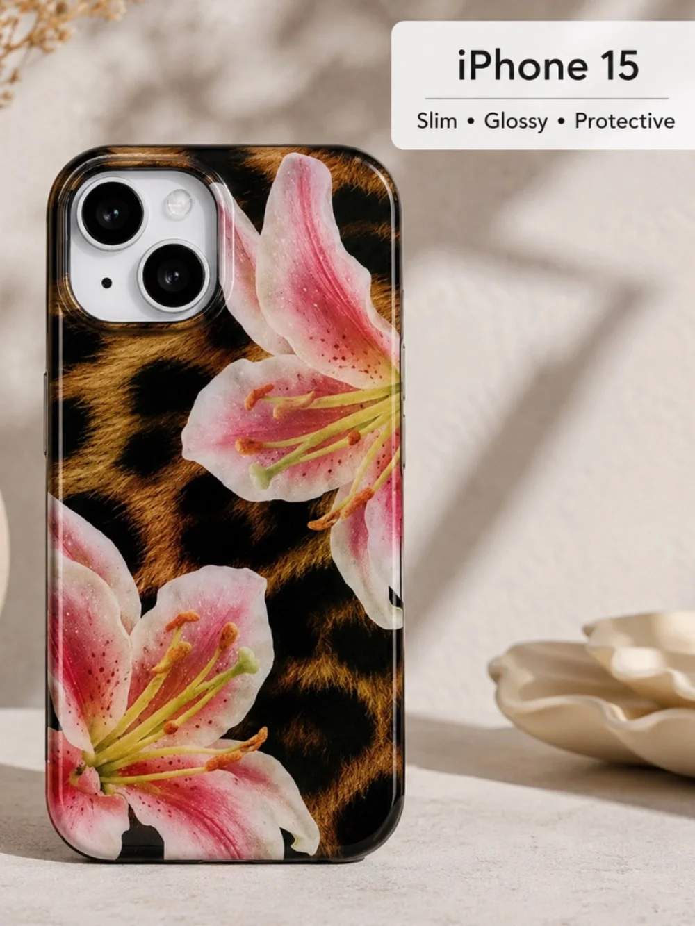 Leopard Print Lily Flower Phone Case for iPhone 15
